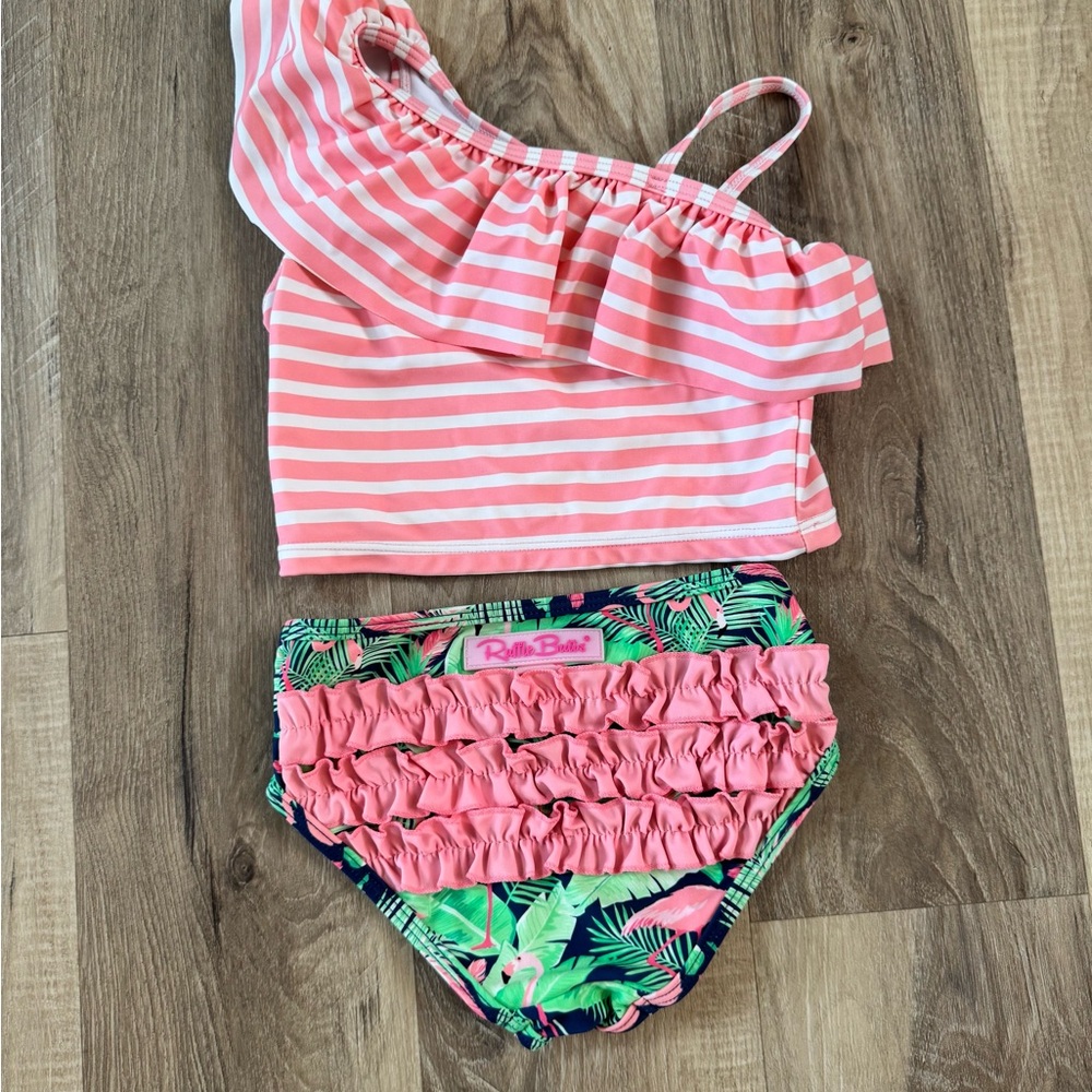 Pink Striped Ruffle Bikini Set